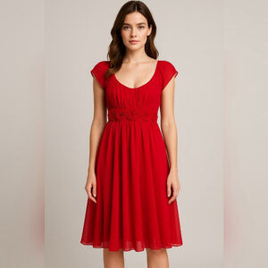 Red Chiffon Rosette Waist Knee-Length Dress